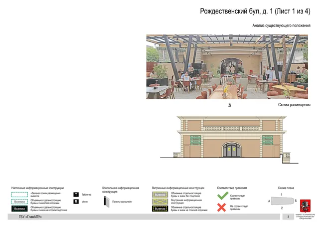 Архитектурная концепция размещения вывесок — Рождественский бульвар, 1, Москва, лист 1 из 4 · Документ по адресу · Архитектурно-художественная концепция