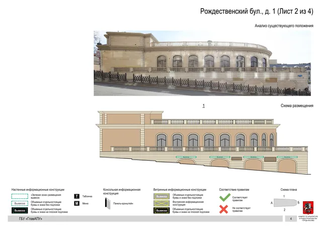Архитектурная концепция размещения вывесок — Рождественский бульвар, 1, Москва, лист 2 из 4 · Документ по адресу · Архитектурно-художественная концепция
