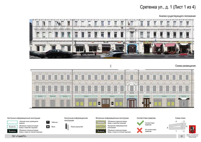 Архитектурная концепция размещения вывесок — Сретенка улица, 1, Москва, лист 1 из 4 · Документ по адресу · Архитектурно-художественная концепция