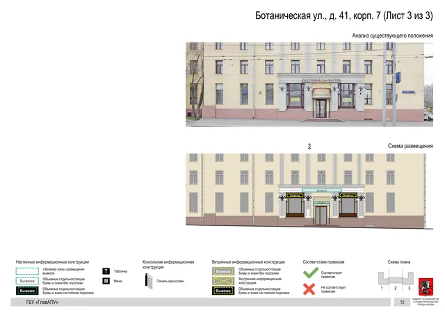 Архитектурная концепция размещения вывесок — Ботаническая улица, 41, корп. 7, Москва, лист 3 из 3 · Документ по адресу · Архитектурно-художественная концепция · 2020 год
