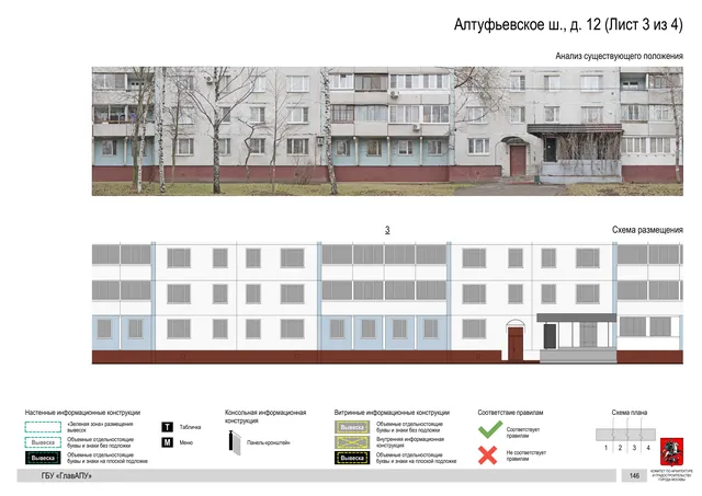 Архитектурная концепция размещения вывесок — Алтуфьевское шоссе, 12, Москва, лист 3 из 4 · Документ по адресу · Архитектурно-художественная концепция · 2020 год