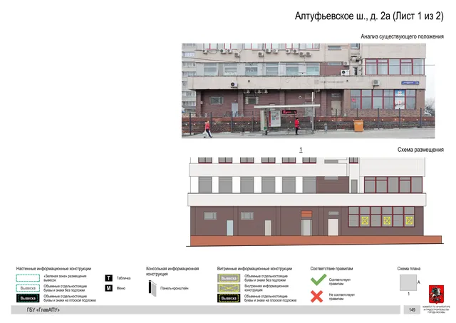 Архитектурная концепция размещения вывесок — Алтуфьевское шоссе, 2А, Москва, лист 1 из 2 · Документ по адресу · Архитектурно-художественная концепция · 2020 год