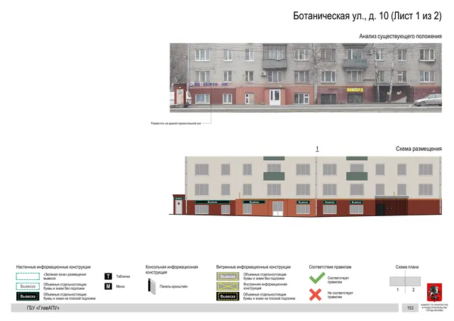 Архитектурная концепция размещения вывесок — Ботаническая улица, 10, Москва, лист 1 из 2 · Документ по адресу · Архитектурно-художественная концепция · 2020 год