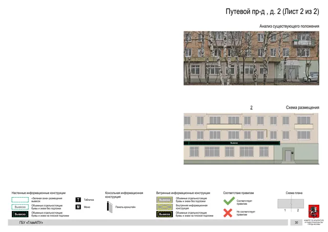 Архитектурная концепция размещения вывесок — Путевой проезд, 2, Москва, лист 2 из 2 · Документ по адресу · Архитектурно-художественная концепция · 2020 год