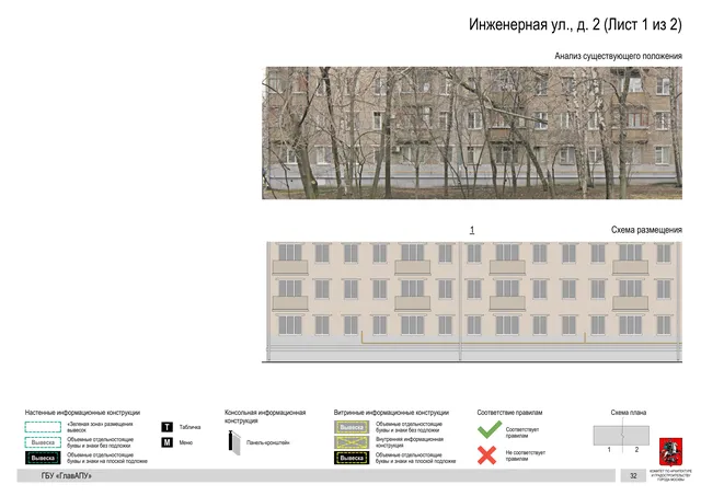 Архитектурная концепция размещения вывесок — Инженерная улица, 2, Москва, лист 1 из 2 · Документ по адресу · Архитектурно-художественная концепция · 2020 год