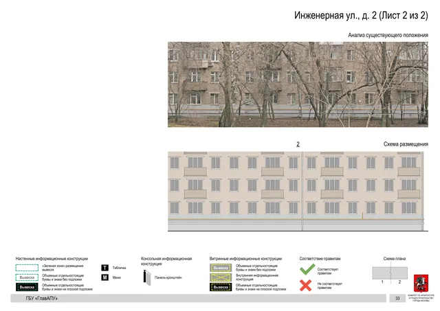 Архитектурная концепция размещения вывесок — Инженерная улица, 2, Москва, лист 2 из 2 · Документ по адресу · Архитектурно-художественная концепция · 2020 год