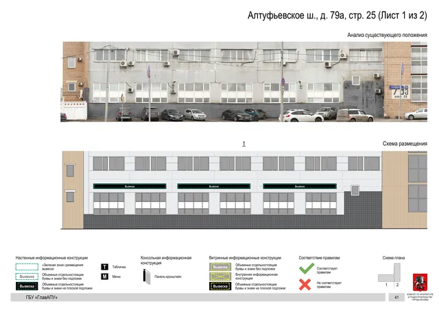 Архитектурная концепция размещения вывесок — Алтуфьевское шоссе, 79А, стр. 25, Москва, лист 1 из 2 · Документ по адресу · Архитектурно-художественная концепция · 2020 год