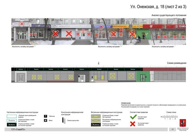 Архитектурная концепция размещения вывесок — Онежская улица, 18, Москва, лист 2 из 3 · Документ по адресу · Архитектурно-художественная концепция · 2016 год