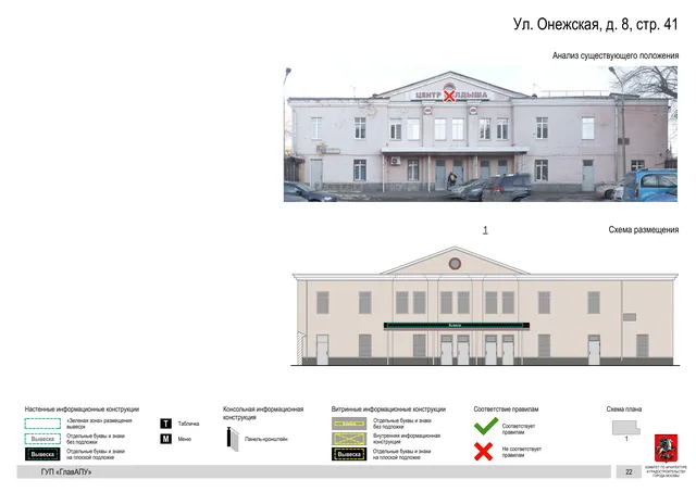 Архитектурная концепция размещения вывесок — Онежская улица, 8, стр. 41, Москва, страница PDF 22 · Документ по адресу · Архитектурно-художественная концепция · 2016 год