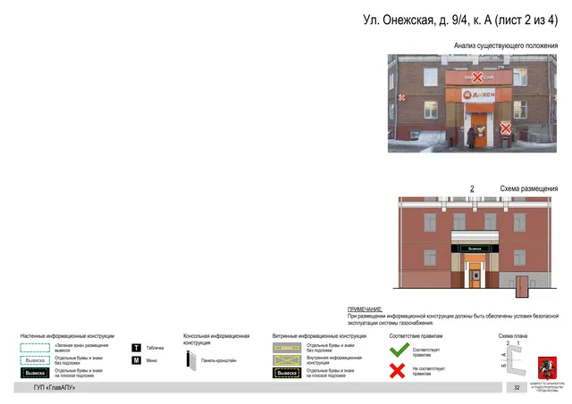 Архитектурная концепция размещения вывесок — Онежская улица, 9/4, корп. А, Москва, лист 2 из 4 · Документ по адресу · Архитектурно-художественная концепция · 2016 год