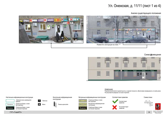 Архитектурная концепция размещения вывесок — Онежская улица, 11/11, Москва, лист 1 из 4 · Документ по адресу · Архитектурно-художественная концепция · 2016 год