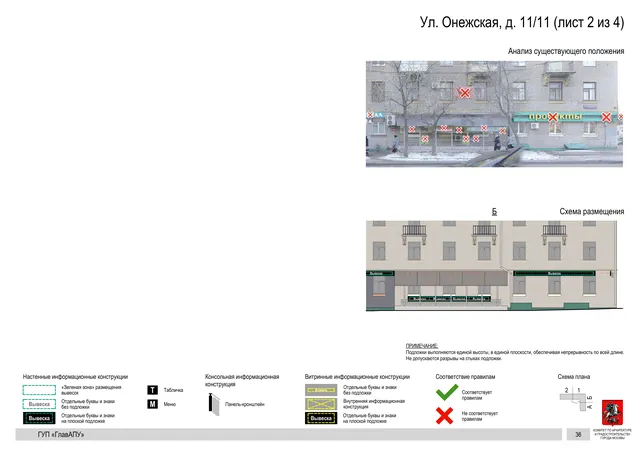 Архитектурная концепция размещения вывесок — Онежская улица, 11/11, Москва, лист 2 из 4 · Документ по адресу · Архитектурно-художественная концепция · 2016 год
