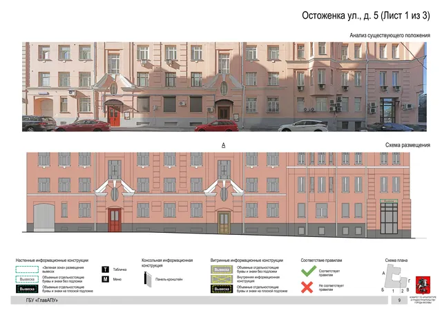 Архитектурная концепция размещения вывесок — Остоженка улица, 5, Москва, лист 1 из 3 · Документ по адресу · Архитектурно-художественная концепция · 2018 год