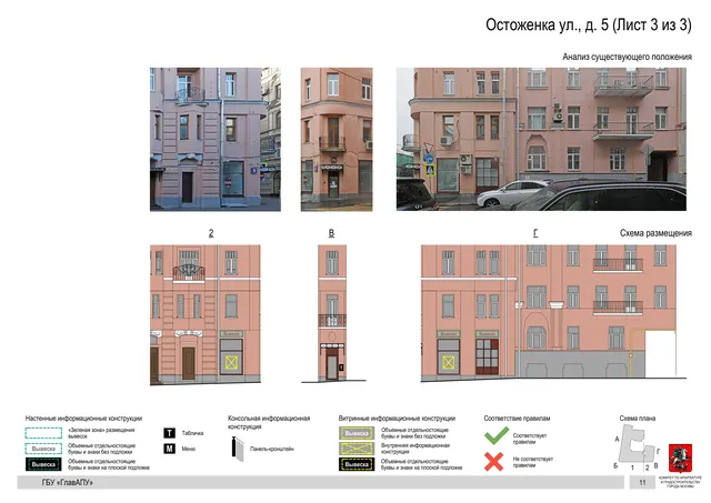 Архитектурная концепция размещения вывесок — Остоженка улица, 5, Москва, лист 3 из 3 · Документ по адресу · Архитектурно-художественная концепция · 2018 год