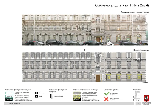 Архитектурная концепция размещения вывесок — Остоженка улица, 7, стр. 1, Москва, лист 2 из 4 · Документ по адресу · Архитектурно-художественная концепция · 2018 год
