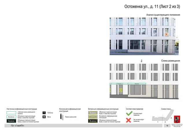 Архитектурная концепция размещения вывесок — Остоженка улица, 11, Москва, лист 2 из 3 · Документ по адресу · Архитектурно-художественная концепция · 2018 год