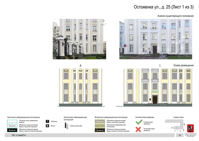 Архитектурная концепция размещения вывесок — Остоженка улица, 25, Москва, лист 1 из 3 · Документ по адресу · Архитектурно-художественная концепция · 2018 год