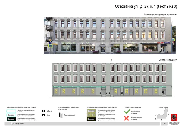 Архитектурная концепция размещения вывесок — Остоженка улица, 27, корп. 1, Москва, лист 2 из 3 · Документ по адресу · Архитектурно-художественная концепция · 2018 год