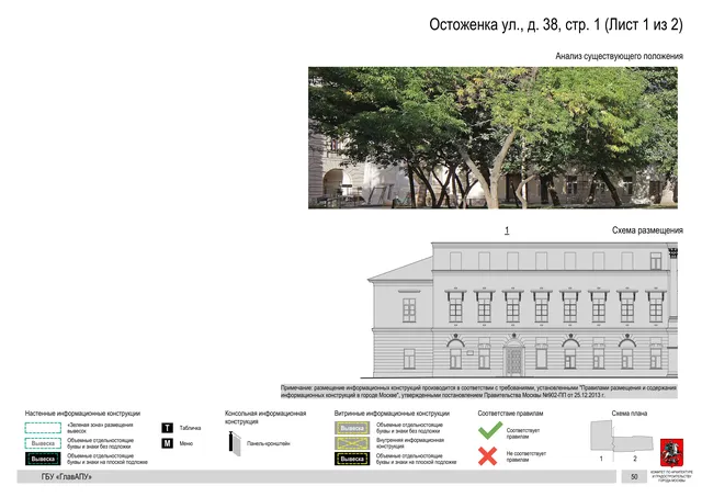Архитектурная концепция размещения вывесок — Остоженка улица, 38, стр. 1, Москва, лист 1 из 2 · Документ по адресу · Архитектурно-художественная концепция · 2018 год