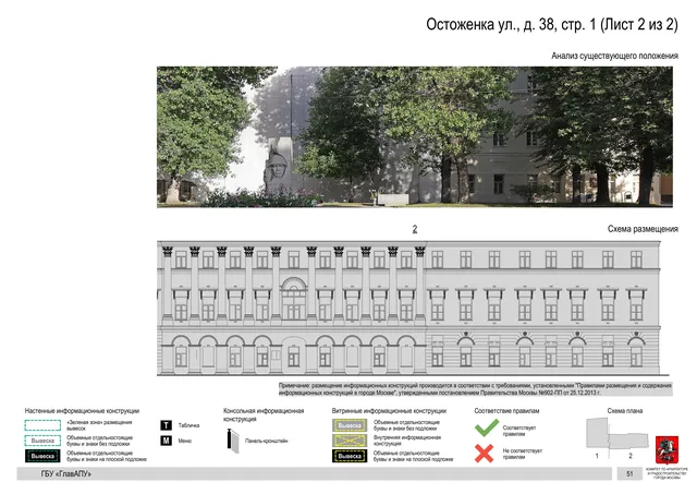 Архитектурная концепция размещения вывесок — Остоженка улица, 38, стр. 1, Москва, лист 2 из 2 · Документ по адресу · Архитектурно-художественная концепция · 2018 год