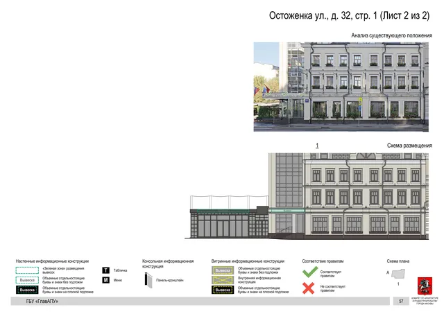 Архитектурная концепция размещения вывесок — Остоженка улица, 32, стр. 1, Москва, лист 2 из 2 · Документ по адресу · Архитектурно-художественная концепция · 2018 год