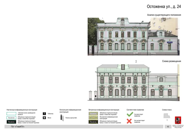 Архитектурная концепция размещения вывесок — Остоженка улица, 24, Москва, страница PDF 67 · Документ по адресу · Архитектурно-художественная концепция · 2018 год