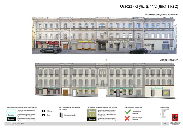 Архитектурная концепция размещения вывесок — Остоженка улица, 14/2, Москва, лист 1 из 2 · Документ по адресу · Архитектурно-художественная концепция · 2018 год