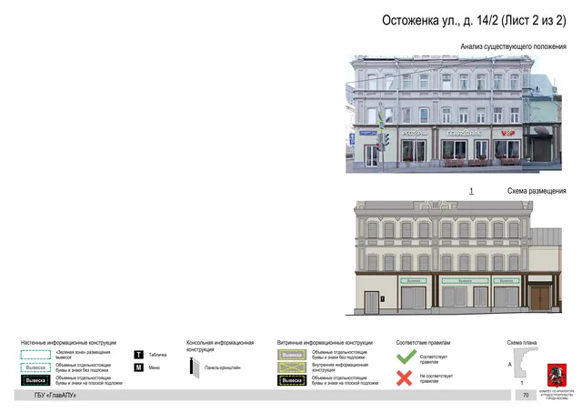 Архитектурная концепция размещения вывесок — Остоженка улица, 14/2, Москва, лист 2 из 2 · Документ по адресу · Архитектурно-художественная концепция · 2018 год