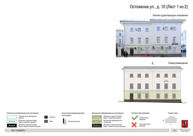 Архитектурная концепция размещения вывесок — Остоженка улица, 10, Москва, лист 1 из 2 · Документ по адресу · Архитектурно-художественная концепция · 2018 год
