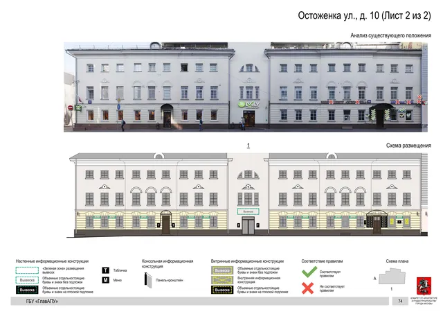 Архитектурная концепция размещения вывесок — Остоженка улица, 10, Москва, лист 2 из 2 · Документ по адресу · Архитектурно-художественная концепция · 2018 год