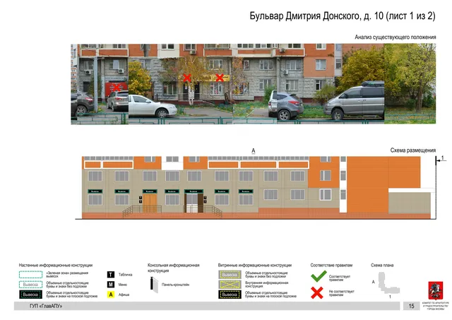 Архитектурная концепция размещения вывесок — Дмитрия донского бульвар, 10, Москва, лист 1 из 2 · Документ по адресу · Архитектурно-художественная концепция · 2016 год