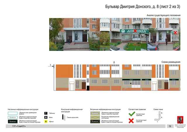 Архитектурная концепция размещения вывесок — Дмитрия донского бульвар, 8, Москва, лист 2 из 3 · Документ по адресу · Архитектурно-художественная концепция · 2016 год