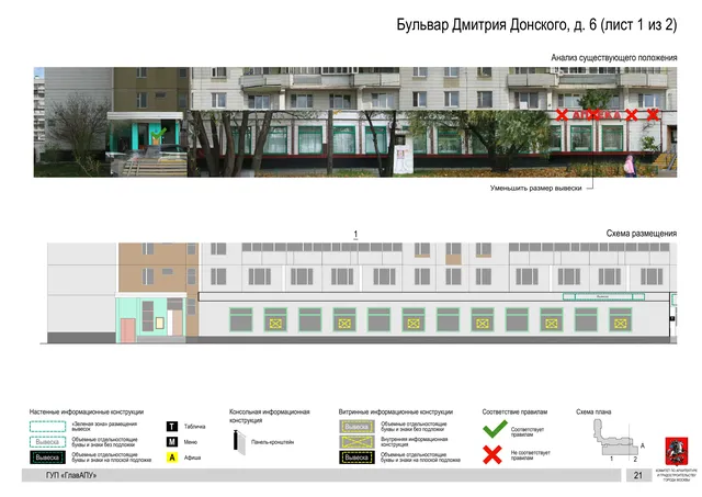 Архитектурная концепция размещения вывесок — Дмитрия донского бульвар, 6, Москва, лист 1 из 2 · Документ по адресу · Архитектурно-художественная концепция · 2016 год