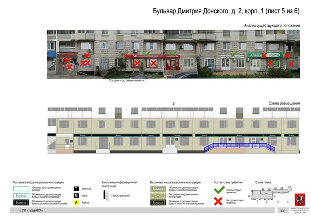 Архитектурная концепция размещения вывесок — Дмитрия донского бульвар, 2, корп. 1, Москва, лист 5 из 6 · Документ по адресу · Архитектурно-художественная концепция · 2016 год