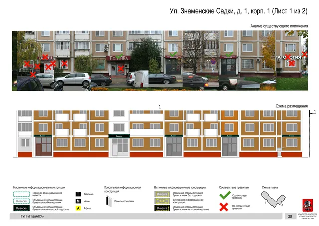Архитектурная концепция размещения вывесок — Знаменские садки улица, 1, корп. 1, Москва, лист 1 из 2 · Документ по адресу · Архитектурно-художественная концепция · 2016 год