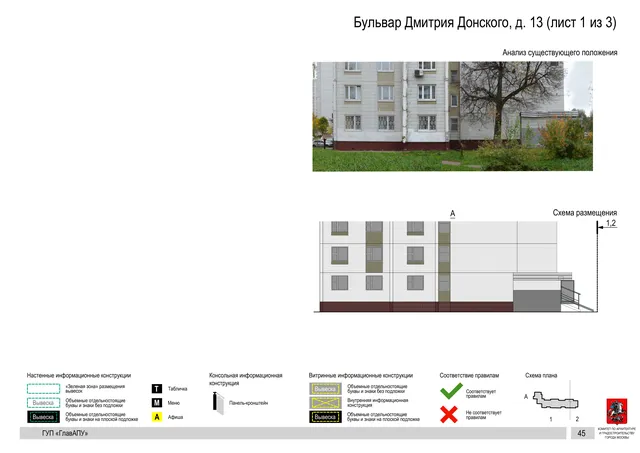 Архитектурная концепция размещения вывесок — Дмитрия донского бульвар, 13, Москва, лист 1 из 3 · Документ по адресу · Архитектурно-художественная концепция · 2016 год