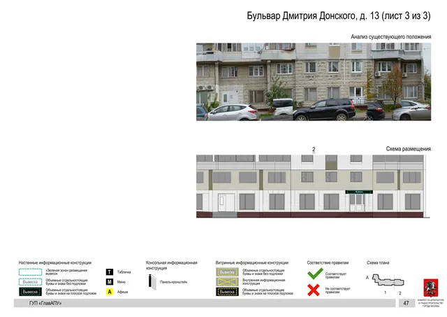Архитектурная концепция размещения вывесок — Дмитрия донского бульвар, 13, Москва, лист 3 из 3 · Документ по адресу · Архитектурно-художественная концепция · 2016 год