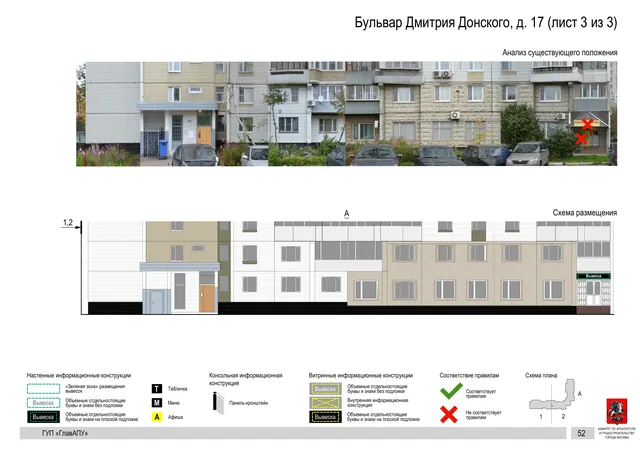 Архитектурная концепция размещения вывесок — Дмитрия донского бульвар, 17, Москва, лист 3 из 3 · Документ по адресу · Архитектурно-художественная концепция · 2016 год