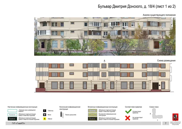 Архитектурная концепция размещения вывесок — Дмитрия донского бульвар, 18/4, Москва, лист 1 из 2 · Документ по адресу · Архитектурно-художественная концепция · 2016 год