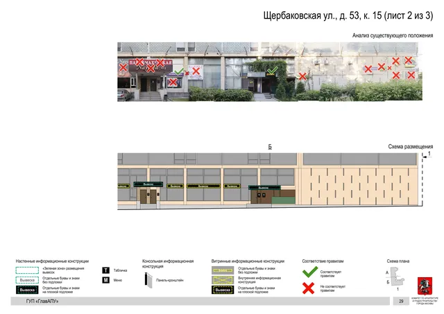 Архитектурная концепция размещения вывесок — Щербаковская улица, 53, корп. 15, Москва, лист 2 из 3 · Документ по адресу · Архитектурно-художественная концепция · 2016 год