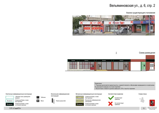 Архитектурная концепция размещения вывесок — Вельяминовская улица, 6, стр. 2, Москва, страница PDF 72 · Документ по адресу · Архитектурно-художественная концепция · 2016 год