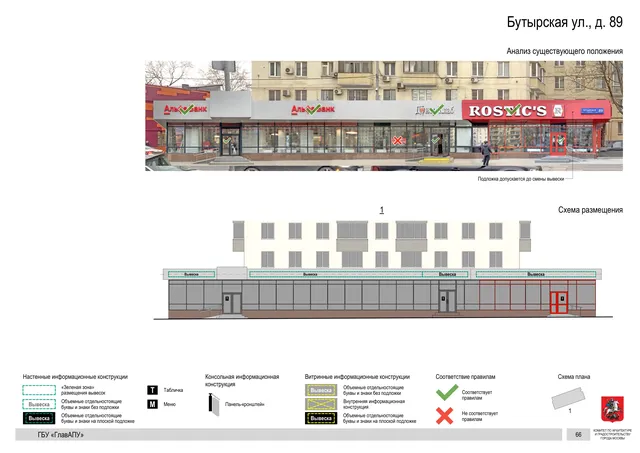 Бутырская ул., д. 89 · PDF 66 Архитектурная концепция размещения вывесок — Бутырская улица, 89, Москва, страница PDF 66 · Документ по адресу · АХК № 2655 от 03.12.2025