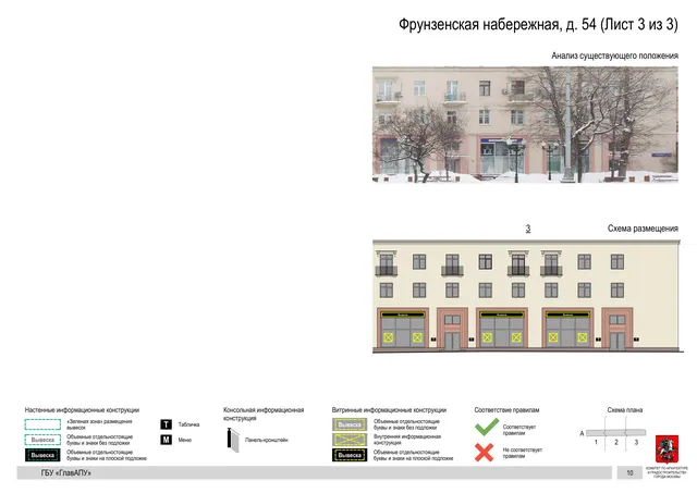 Архитектурная концепция размещения вывесок — Фрунзенская набережная, 54, Москва, лист 3 из 3 · Документ по адресу · Архитектурно-художественная концепция · 2019 год