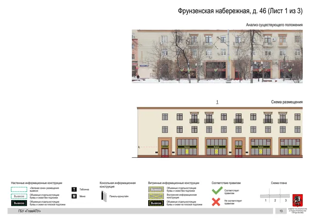 Архитектурная концепция размещения вывесок — Фрунзенская набережная, 46, Москва, лист 1 из 3 · Документ по адресу · Архитектурно-художественная концепция · 2019 год