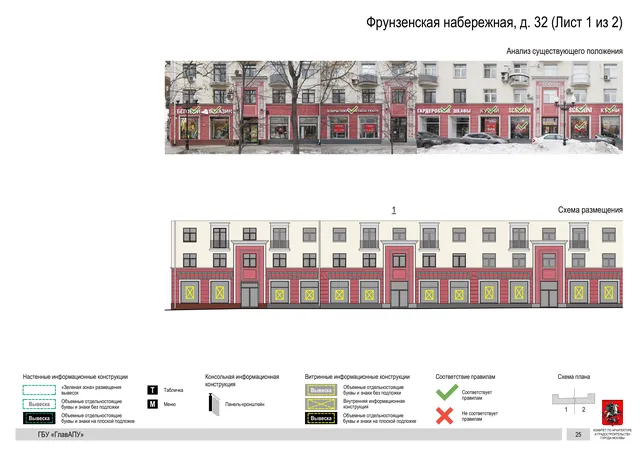 Архитектурная концепция размещения вывесок — Фрунзенская набережная, 32, Москва, лист 1 из 2 · Документ по адресу · Архитектурно-художественная концепция · 2019 год