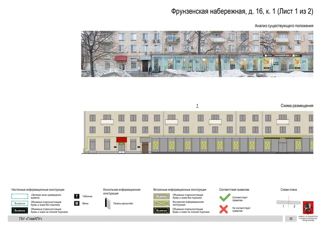 Архитектурная концепция размещения вывесок — Фрунзенская набережная, 16, корп. 1, Москва, лист 1 из 2 · Документ по адресу · Архитектурно-художественная концепция · 2019 год