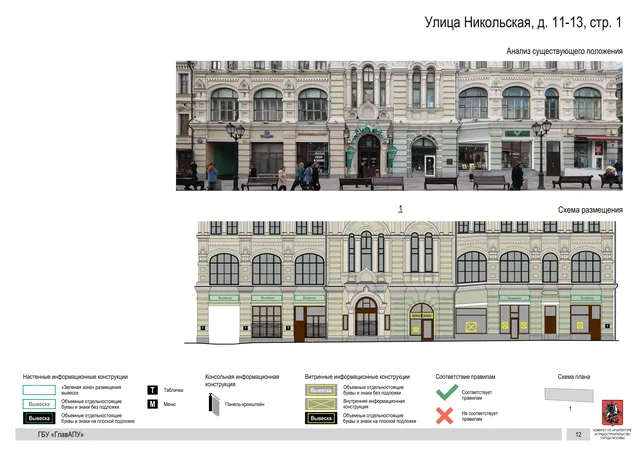 Архитектурная концепция размещения вывесок — Никольская улица, 11-13, стр. 1, Москва, страница PDF 12 · Документ по адресу · Архитектурно-художественная концепция · 2017 год