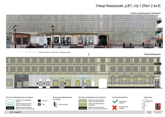 Архитектурная концепция размещения вывесок — Никольская улица, 8/1, стр. 1, Москва, лист 2 из 4 · Документ по адресу · Архитектурно-художественная концепция · 2017 год