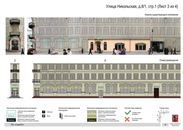 Архитектурная концепция размещения вывесок — Никольская улица, 8/1, стр. 1, Москва, лист 3 из 4 · Документ по адресу · Архитектурно-художественная концепция · 2017 год