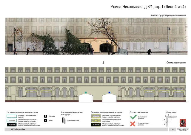 Архитектурная концепция размещения вывесок — Никольская улица, 8/1, стр. 1, Москва, лист 4 из 4 · Документ по адресу · Архитектурно-художественная концепция · 2017 год